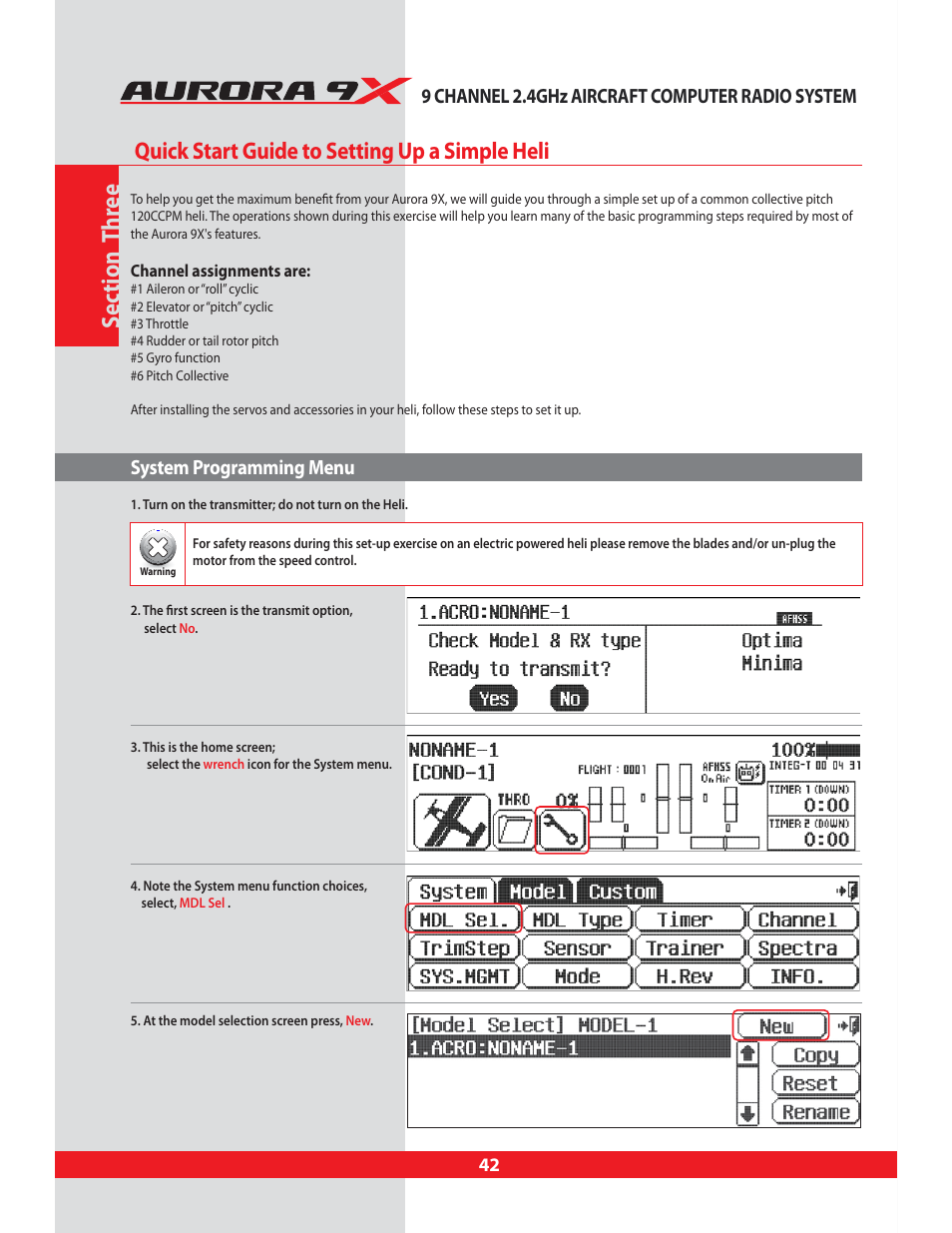 System programming menu, Quick start guide to setting up a heli, Section three | Sec tion t hr ee, Quick start guide to setting up a simple heli | HITEC Aurora 9X User Manual | Page 42 / 144