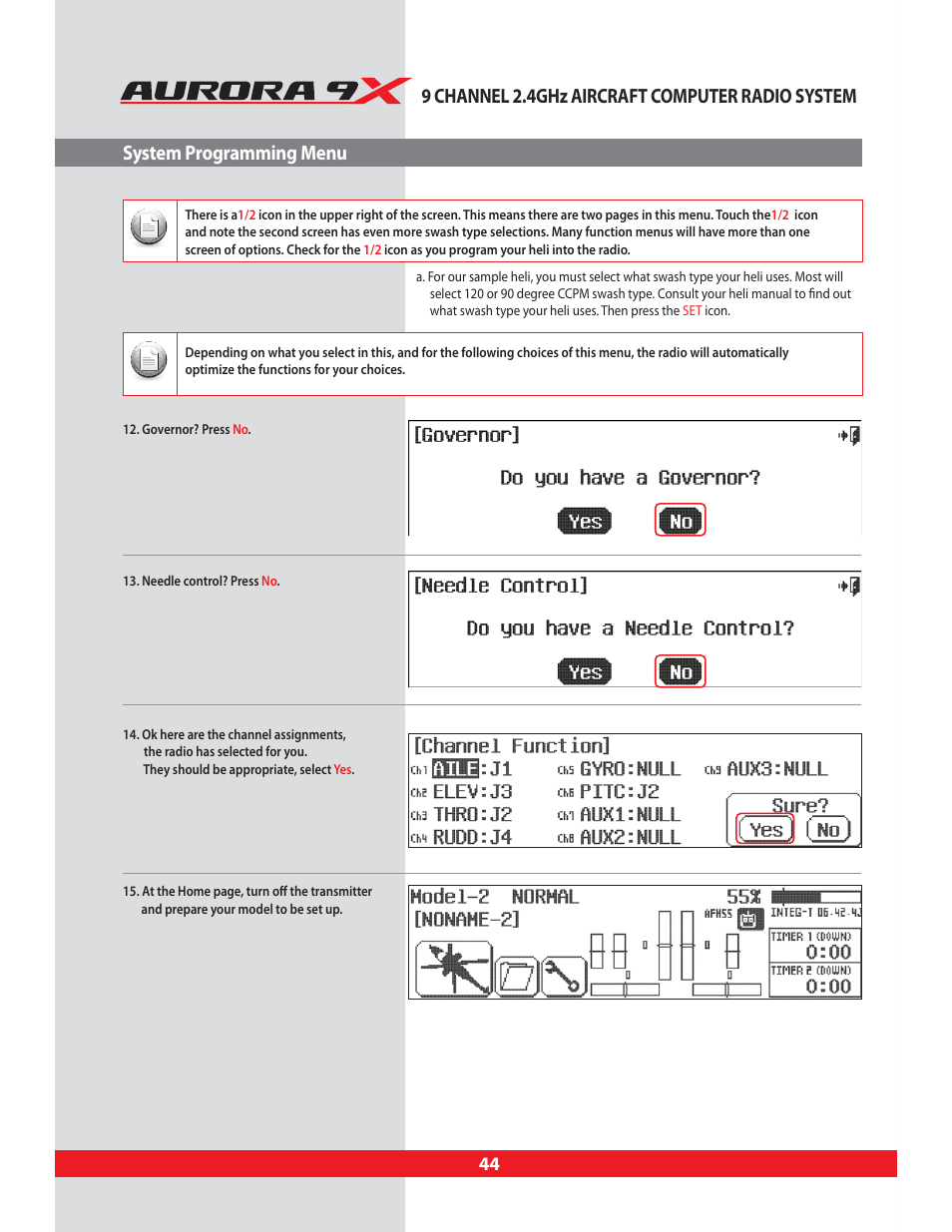 9 channel 2.4ghz aircraft computer radio system, System programming menu | HITEC Aurora 9X User Manual | Page 44 / 144