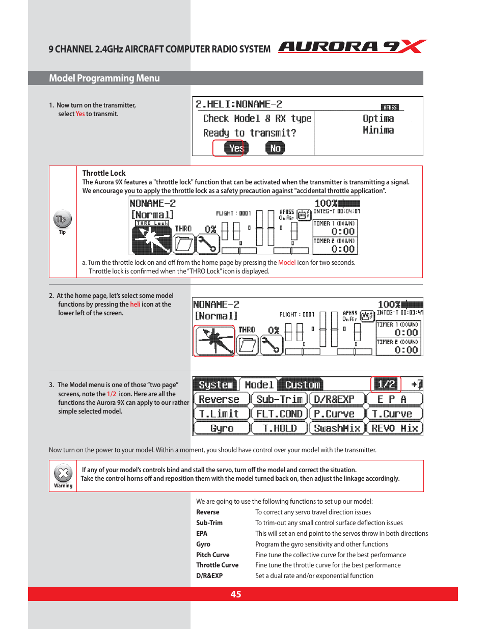Model programming menu, 9 channel 2.4ghz aircraft computer radio system | HITEC Aurora 9X User Manual | Page 45 / 144
