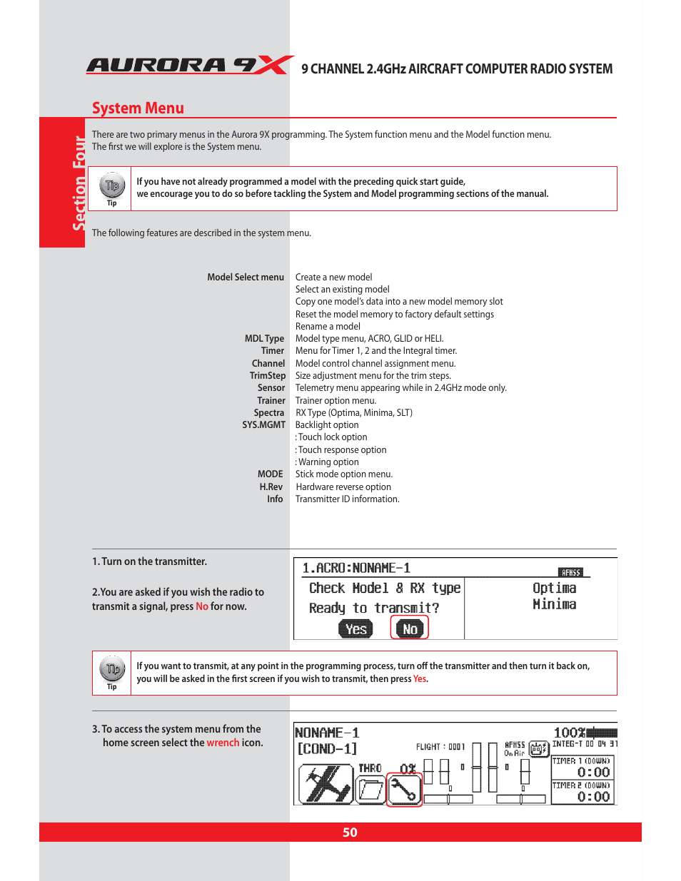 Section four - system menu, System menu, Sec tion f our | 9 channel 2.4ghz aircraft computer radio system | HITEC Aurora 9X User Manual | Page 50 / 144