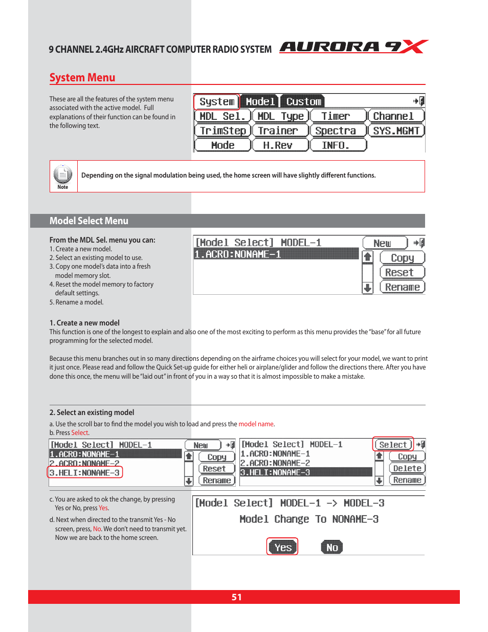 Model select menu, Create a new model, Select an existing model | Section four, System menu | HITEC Aurora 9X User Manual | Page 51 / 144