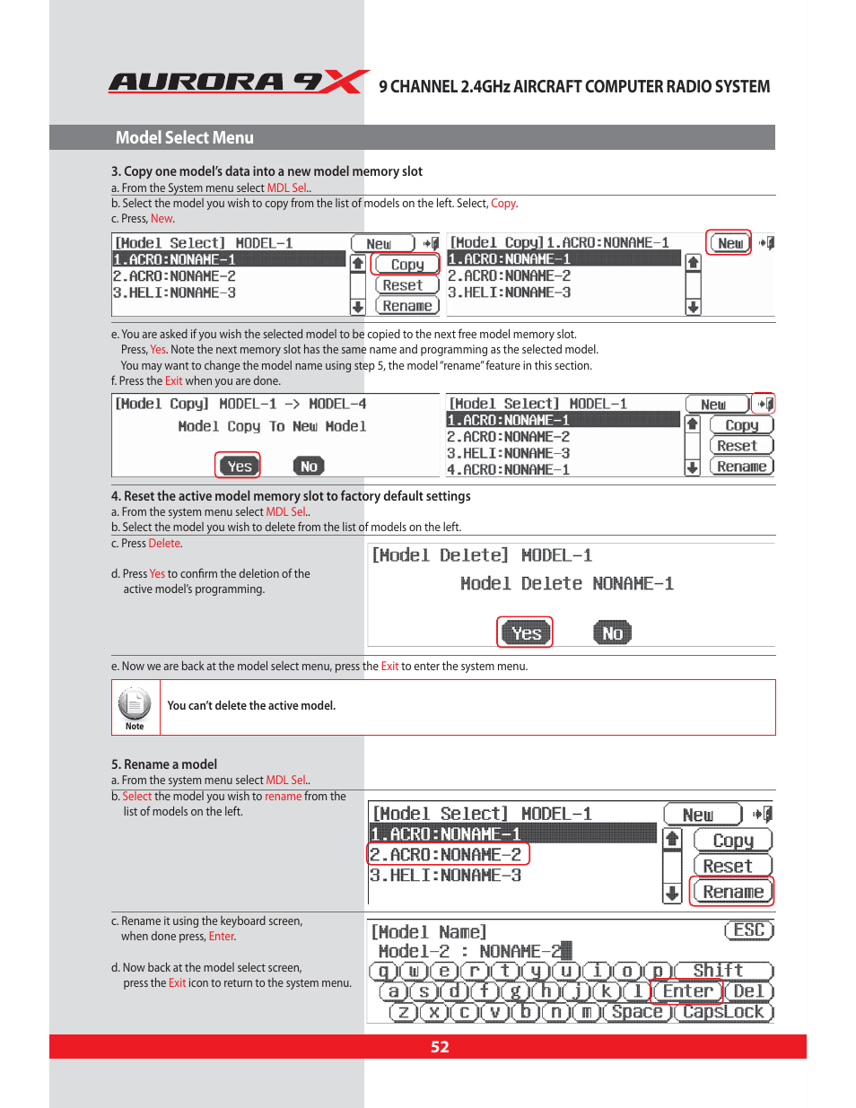 Copy one model’s data into a new model memory slot, Rename a model, Select create a new model | Reset the model memory to factory default settings | HITEC Aurora 9X User Manual | Page 52 / 144