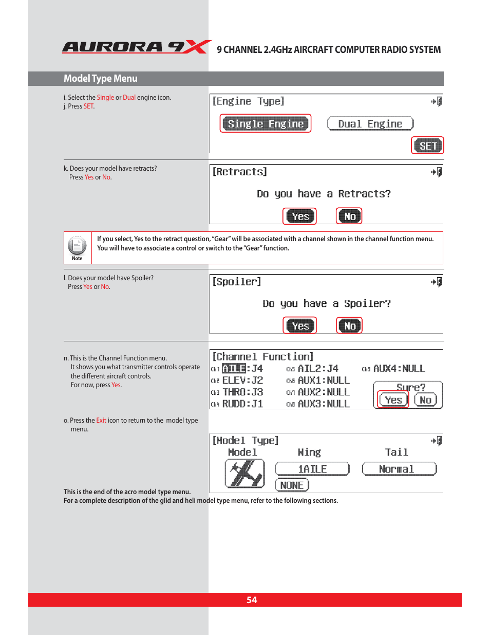 Type, Model type menu, acro, glid or heli | HITEC Aurora 9X User Manual | Page 54 / 144