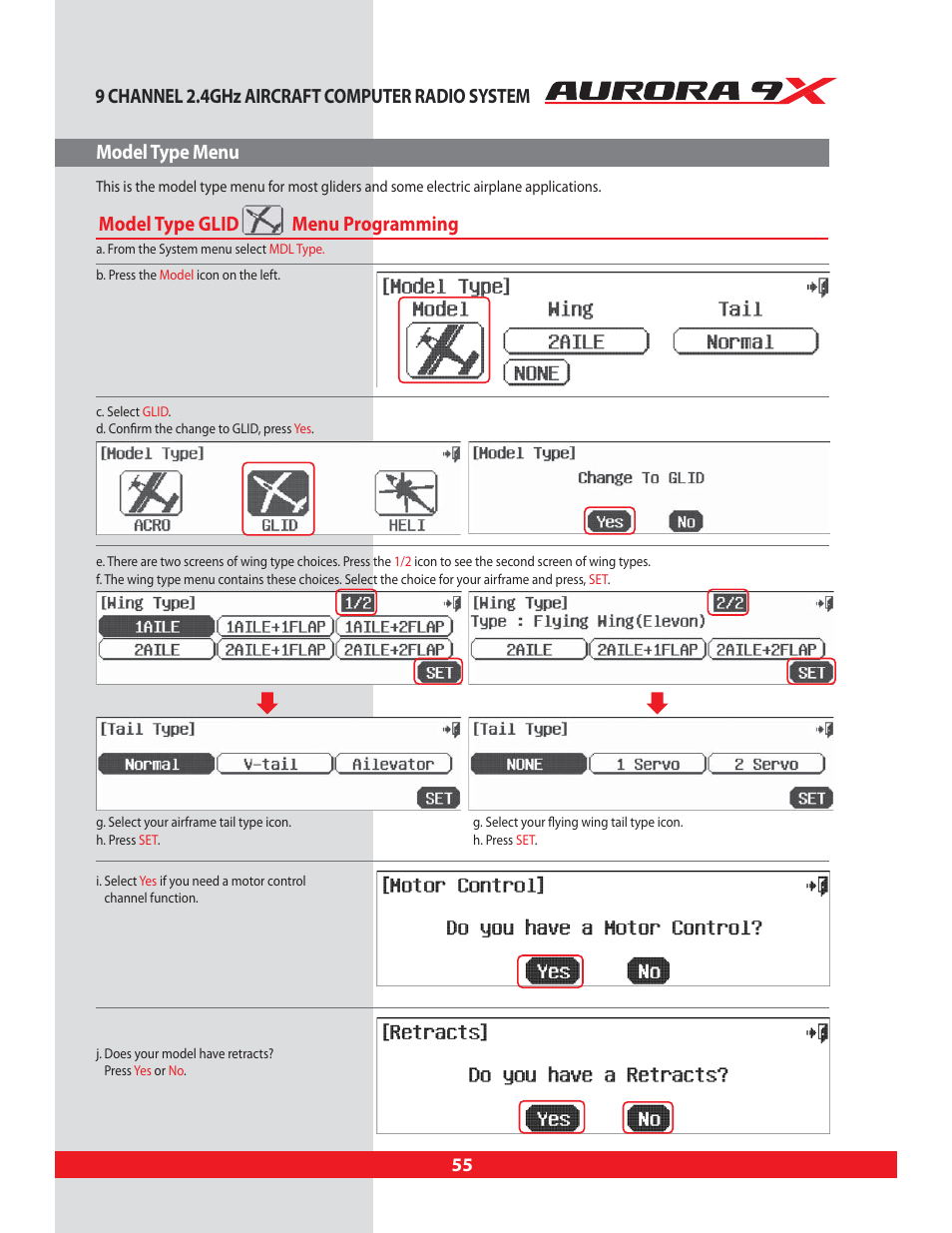 Model type glid menu programming | HITEC Aurora 9X User Manual | Page 55 / 144