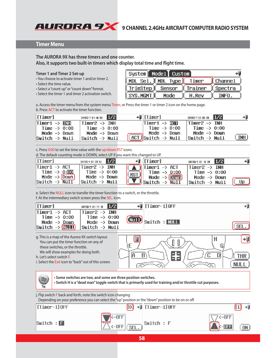 Timer menu, Timer, Menu for timer 1, 2 and the integral timer | HITEC Aurora 9X User Manual | Page 58 / 144