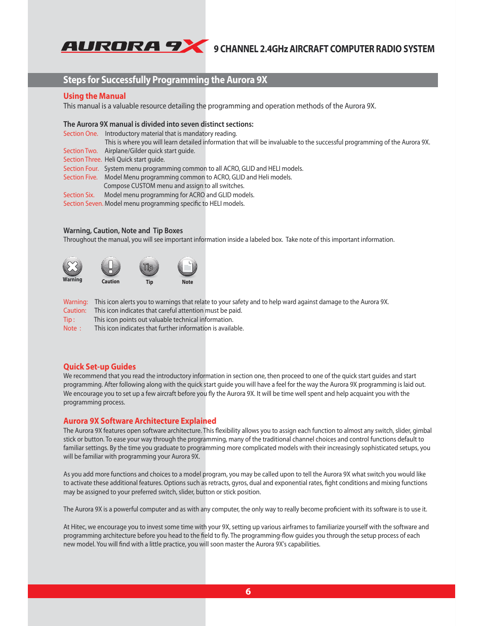 Steps for successfully programming the aurora 9x, Using this manual, Quick set-up guides | Aurora 9x software architecture explained, 9 channel 2.4ghz aircraft computer radio system | HITEC Aurora 9X User Manual | Page 6 / 144