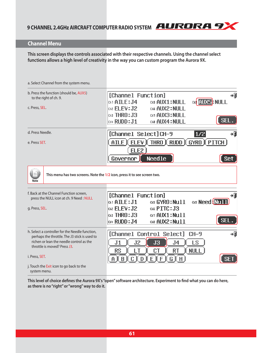 Channel menu, Channel, Model control channel assignment menu | HITEC Aurora 9X User Manual | Page 61 / 144