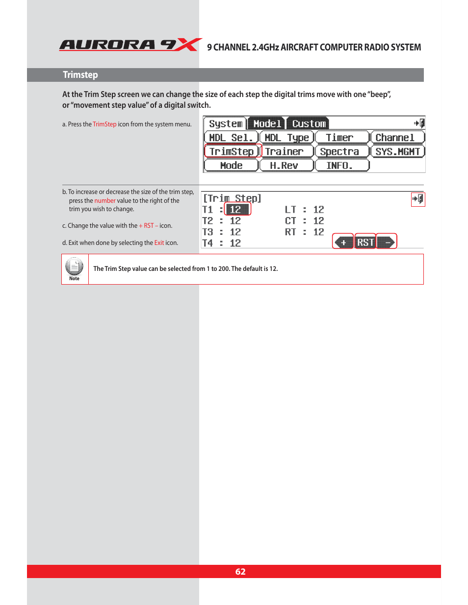 Trimstep, Size adjustment menu for the trim steps | HITEC Aurora 9X User Manual | Page 62 / 144