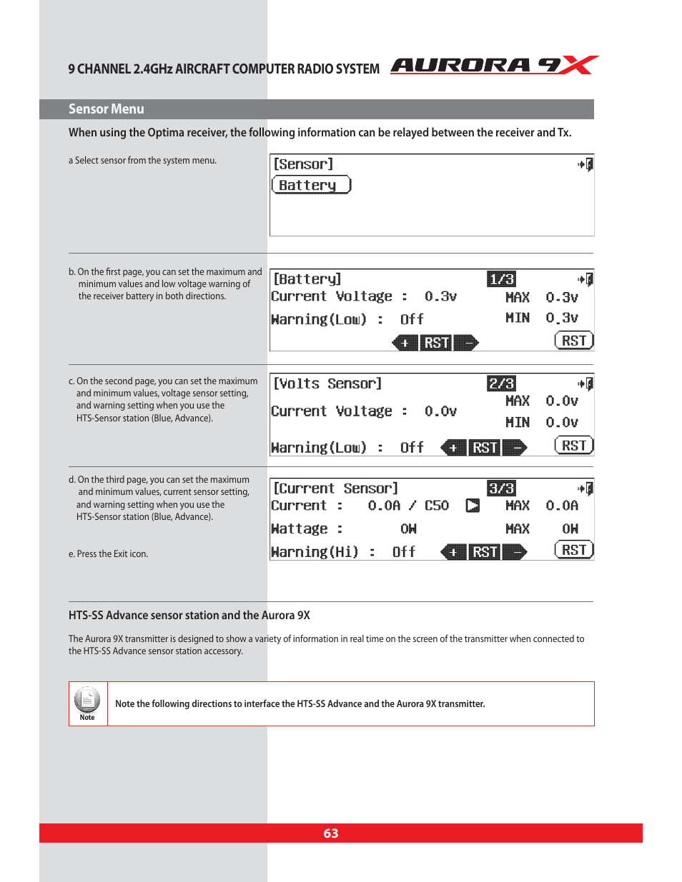 Sensor menu, Sensor, Telemetry menu appearing while in 2.4ghz mode only | HITEC Aurora 9X User Manual | Page 63 / 144