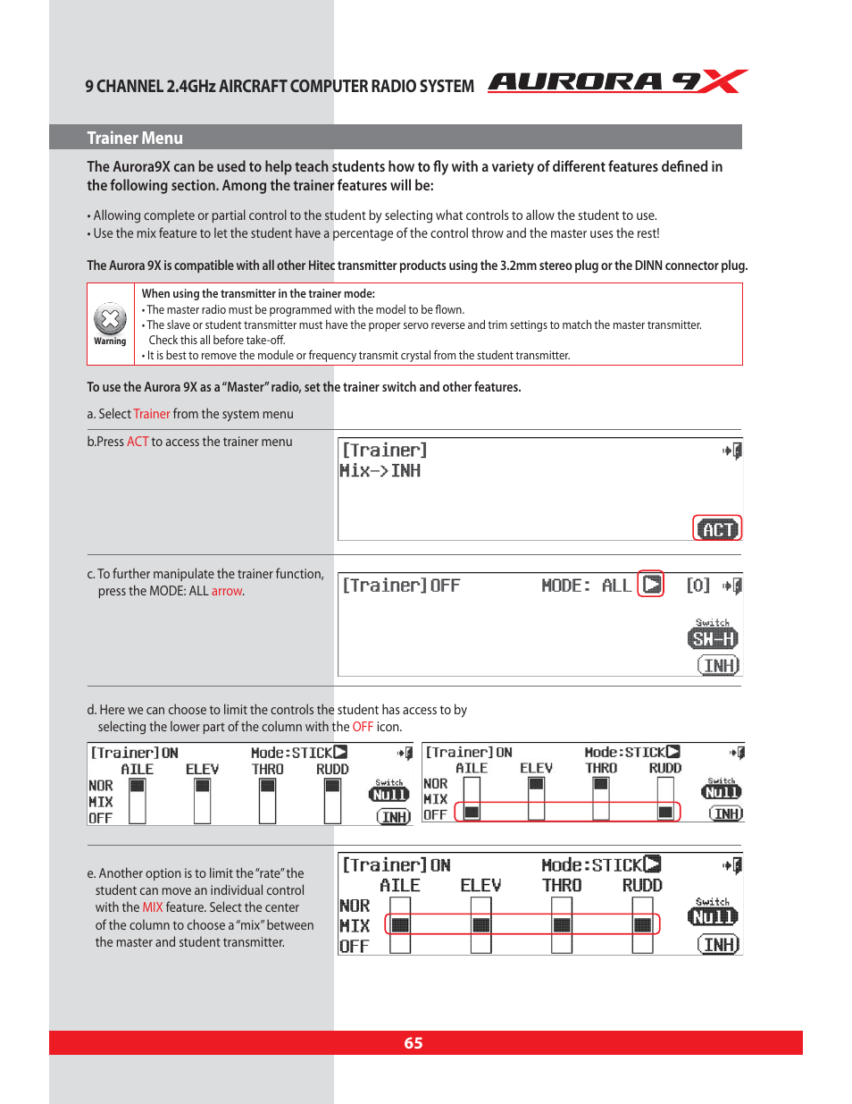 Trainer menu | HITEC Aurora 9X User Manual | Page 65 / 144