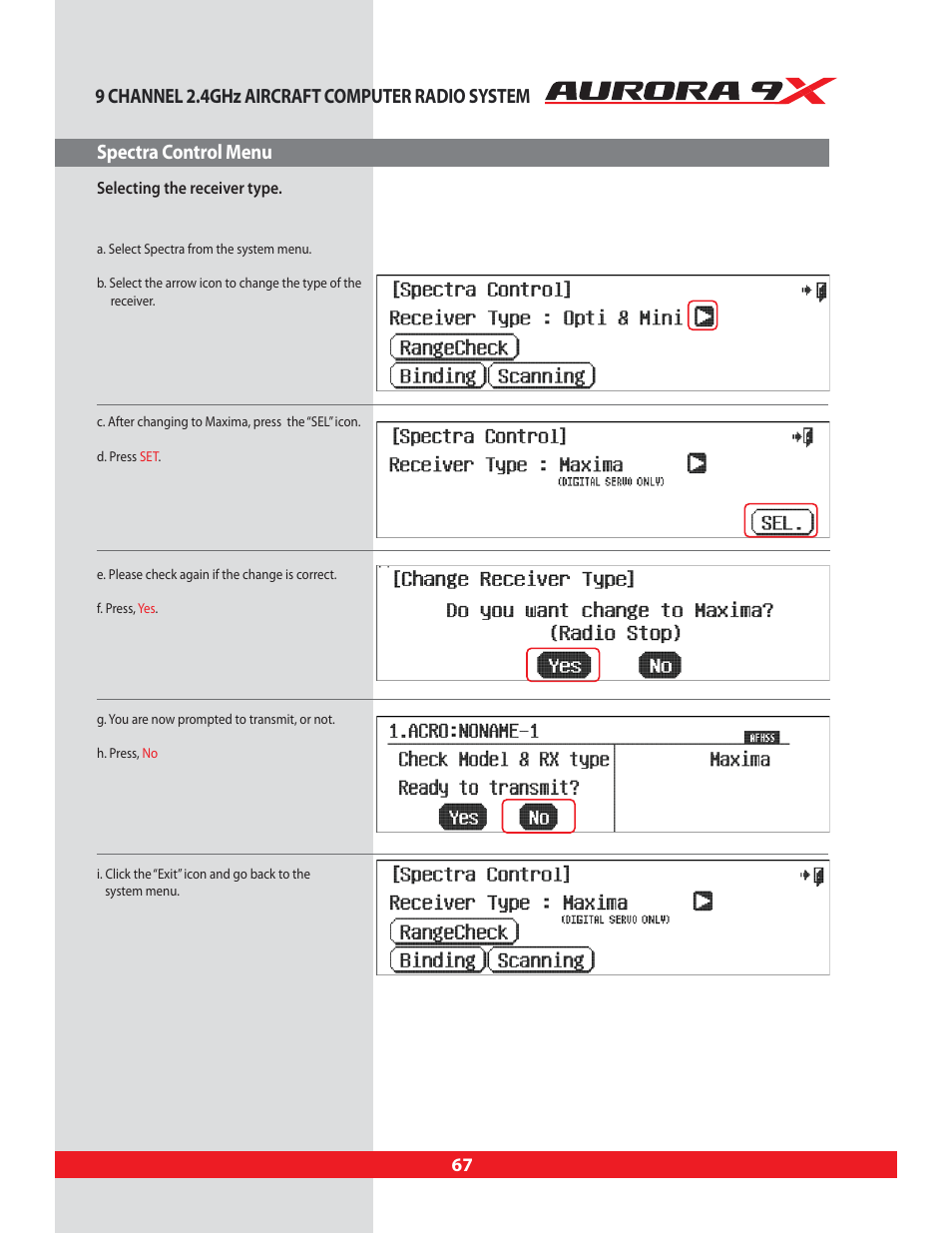Spectra control menu, Spectra control | HITEC Aurora 9X User Manual | Page 67 / 144