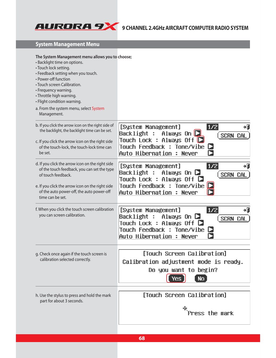 System management menu, Systems management | HITEC Aurora 9X User Manual | Page 68 / 144