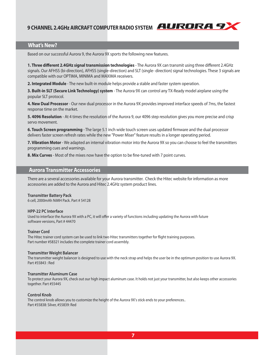 What’s new, Aurora transmitter accessories, Aurora 9x transmitter accessories | 9 channel 2.4ghz aircraft computer radio system | HITEC Aurora 9X User Manual | Page 7 / 144