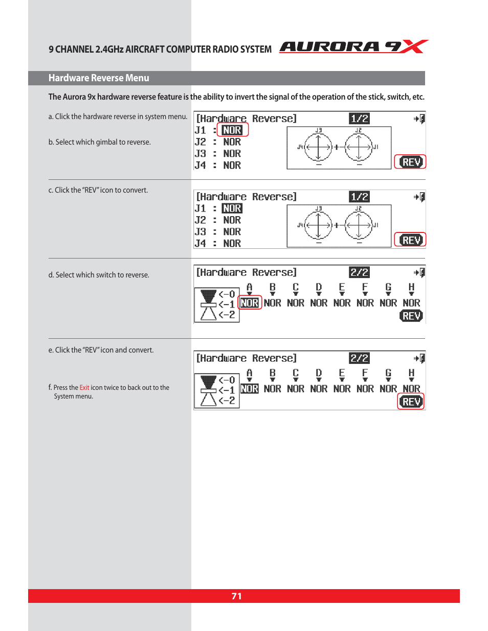 Hardware reverse menu, Hardware, Reverse | HITEC Aurora 9X User Manual | Page 71 / 144