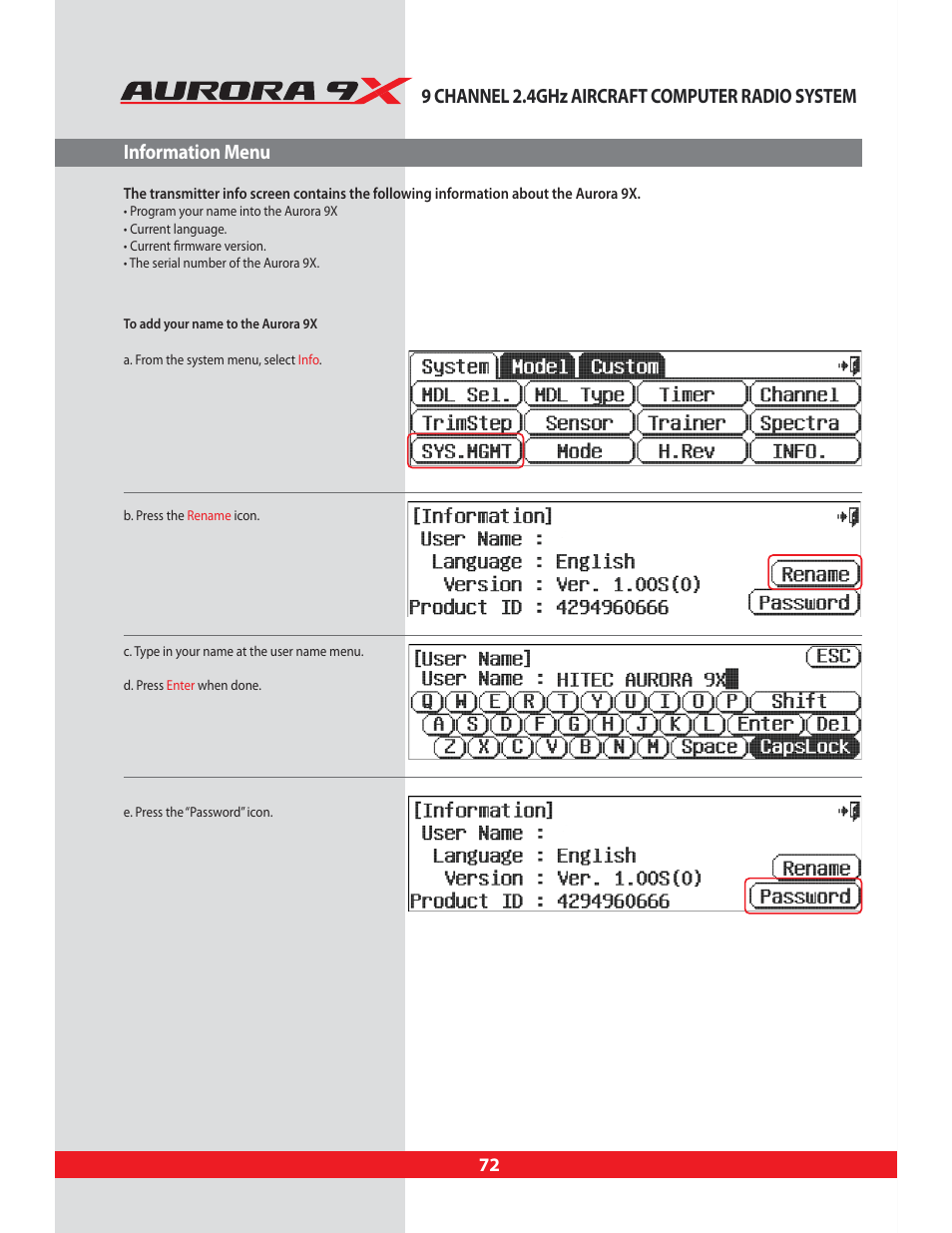 Information menu, Info, Transmitter id information | HITEC Aurora 9X User Manual | Page 72 / 144