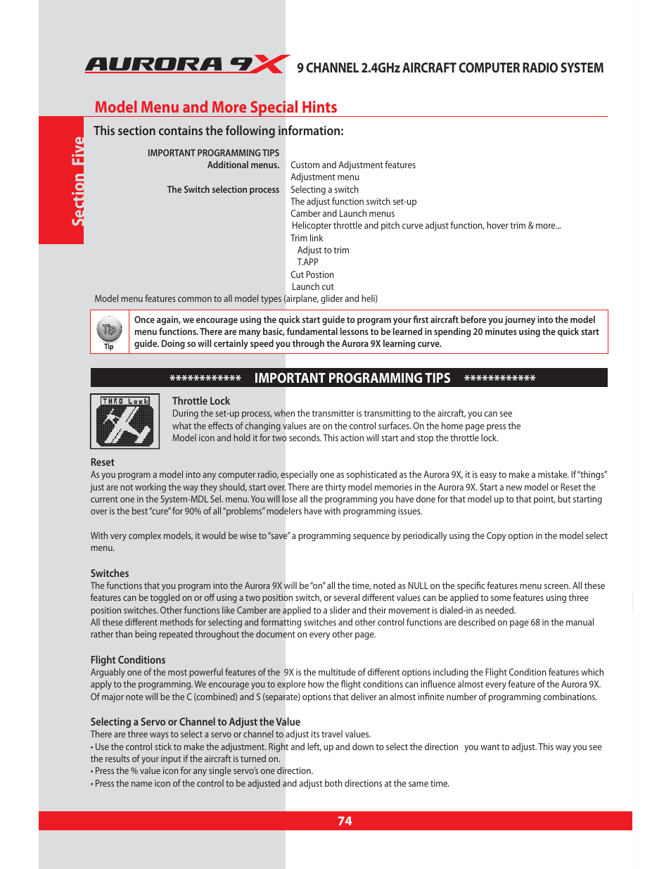 Section five model menu and more special hints, Special hints, Model menu and more | Section five, Sec tion f iv e, Model menu and more special hints, 9 channel 2.4ghz aircraft computer radio system, Important programming tips | HITEC Aurora 9X User Manual | Page 74 / 144