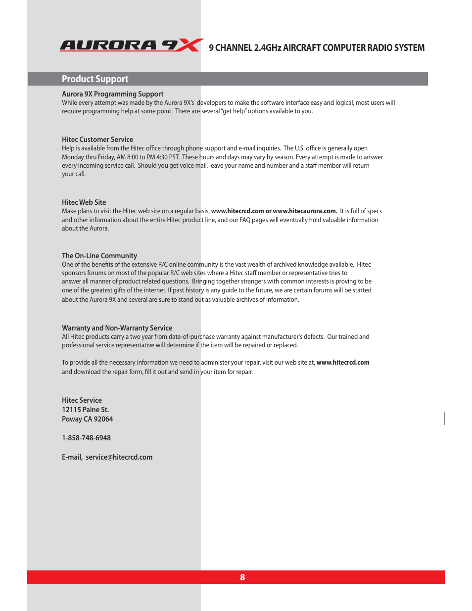 Product support, 9 channel 2.4ghz aircraft computer radio system | HITEC Aurora 9X User Manual | Page 8 / 144