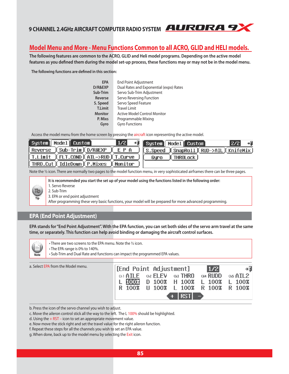 Epa (end point adjustment), Launch cut switch set-up, End point adjustment | HITEC Aurora 9X User Manual | Page 85 / 144