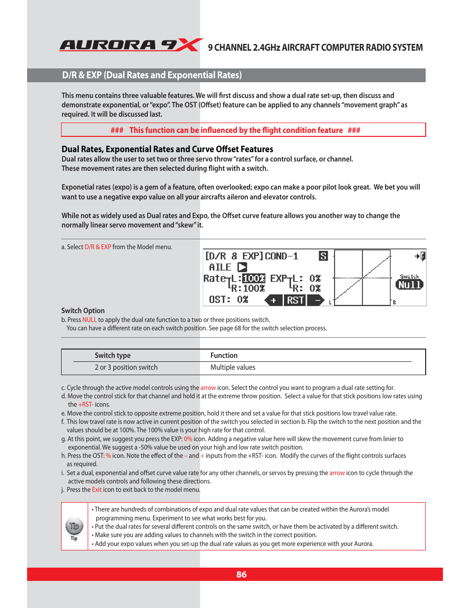 D/r & exp (dual rates and exponential rates), Common model functions to acro, glid and heli, D/r & exp dual rates and exponential (expo) rates | HITEC Aurora 9X User Manual | Page 86 / 144