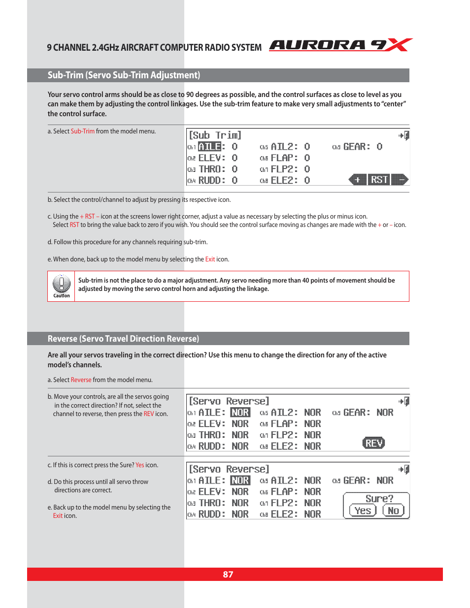 Sub-trim (servo sub-trim adjustment), Reverse (servo travel direction reverse), Sub-trim | Servo sub-trim adjustment, Reverse, Servo reversing function | HITEC Aurora 9X User Manual | Page 87 / 144