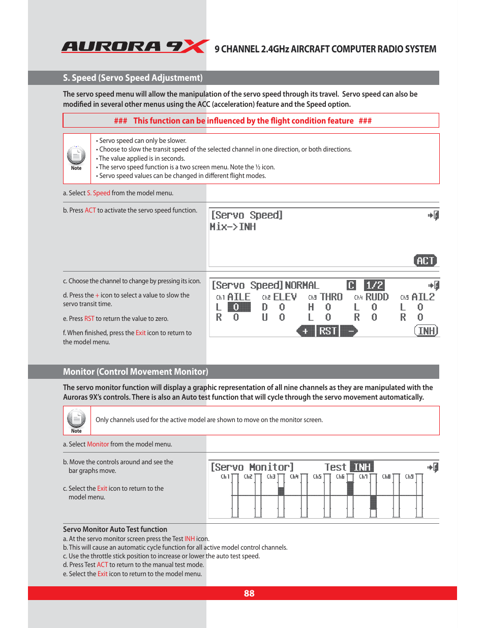 S. speed (servo speed adjustmemt), Monitor (control movement monitor), S. speed | Servo speed feature, Monitor, Active model control monitor, 9 channel 2.4ghz aircraft computer radio system | HITEC Aurora 9X User Manual | Page 88 / 144