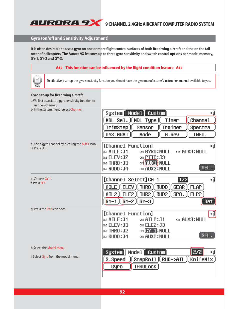 Gyro (on/off and sensitivity adjustment), Gyro, Gyro on/off and sensitivity adjustment | 9 channel 2.4ghz aircraft computer radio system | HITEC Aurora 9X User Manual | Page 92 / 144