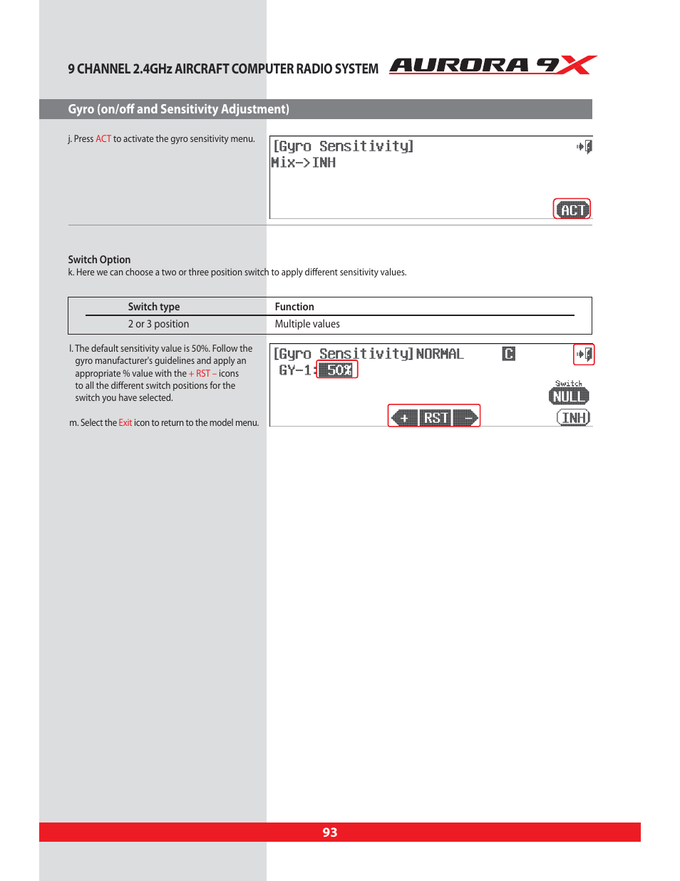 9 channel 2.4ghz aircraft computer radio system, 93 gyro (on/off and sensitivity adjustment) | HITEC Aurora 9X User Manual | Page 93 / 144