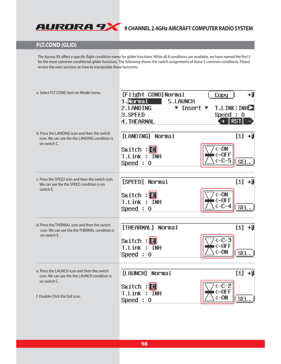 Flt.cond (glid), 9 channel 2.4ghz aircraft computer radio system | HITEC Aurora 9X User Manual | Page 98 / 144
