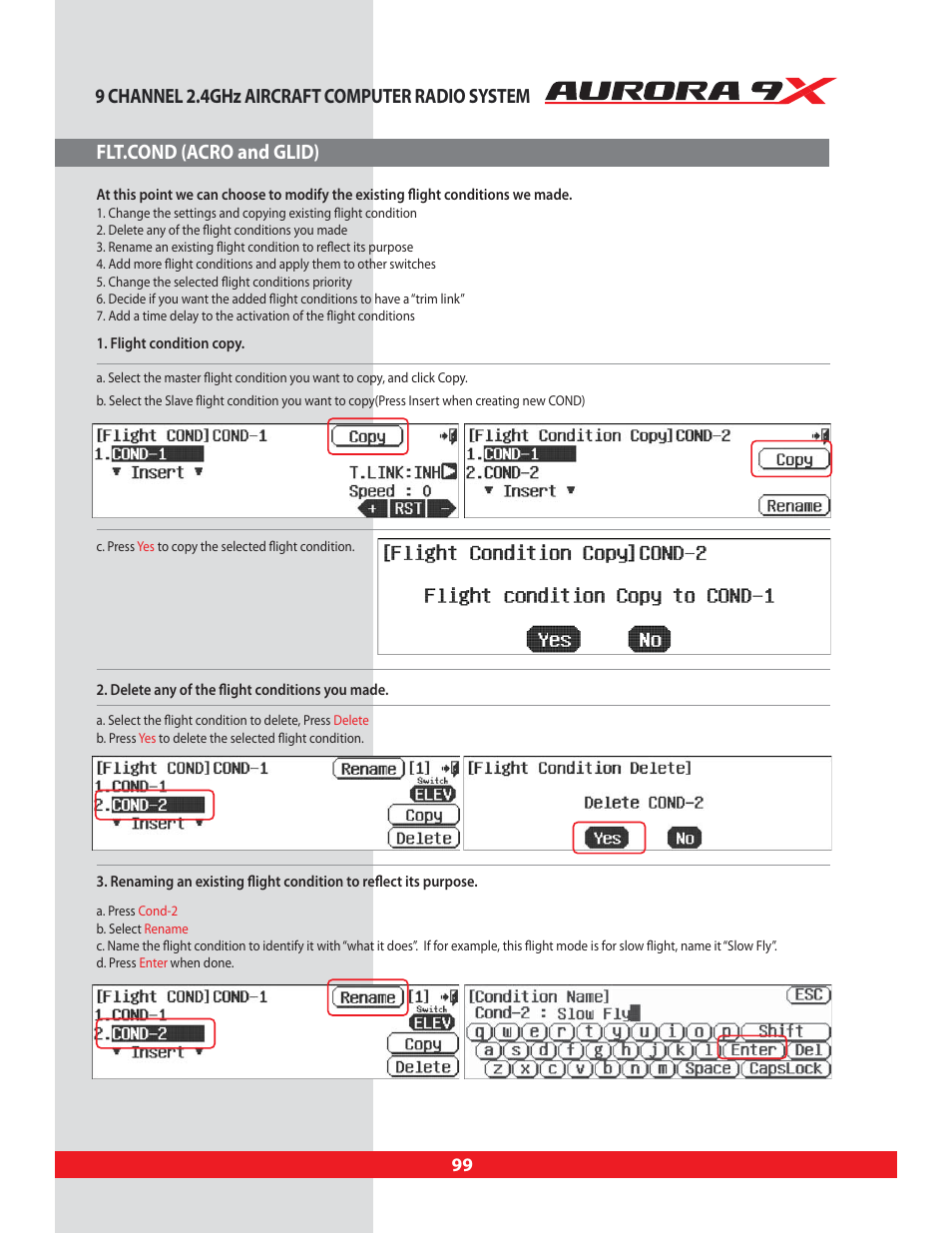 Flt.cond (acro and glid), 9 channel 2.4ghz aircraft computer radio system | HITEC Aurora 9X User Manual | Page 99 / 144