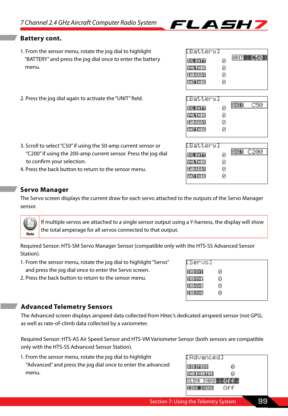 Servo manager, Advanced telemetry sensors, Servo manager advanced telemetry sensors | 7 channel 2.4 ghz aircraft computer radio system, 99 battery cont | HITEC Flash 7 User Manual | Page 100 / 102