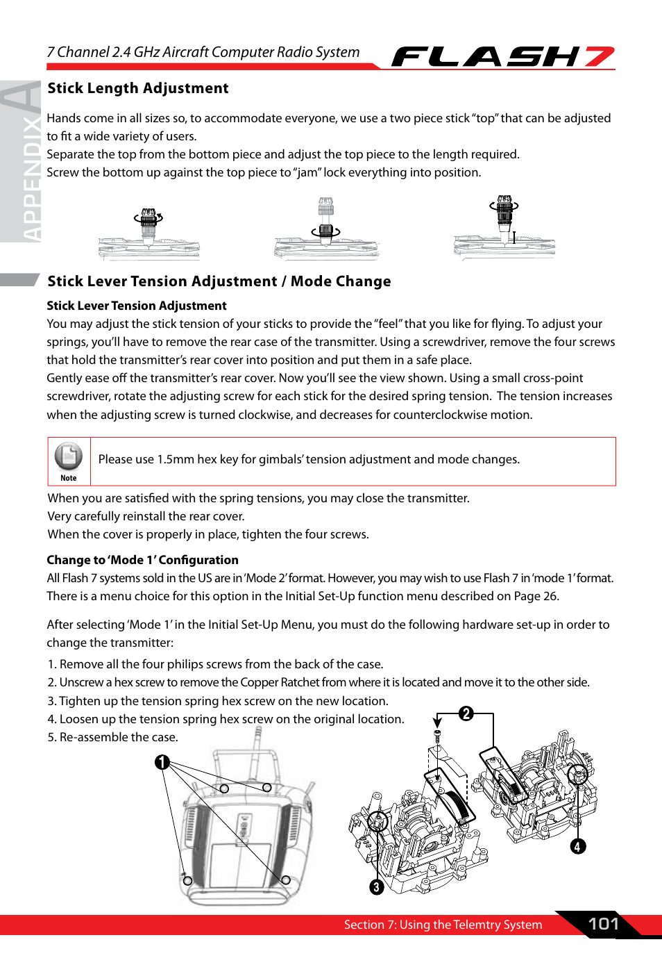 Appendix a: hardware adjustment, Stick length adjustment, Stick lever tension adjustment / mode change | Hardware adjustments, 7 channel 2.4 ghz aircraft computer radio system | HITEC Flash 7 User Manual | Page 102 / 102