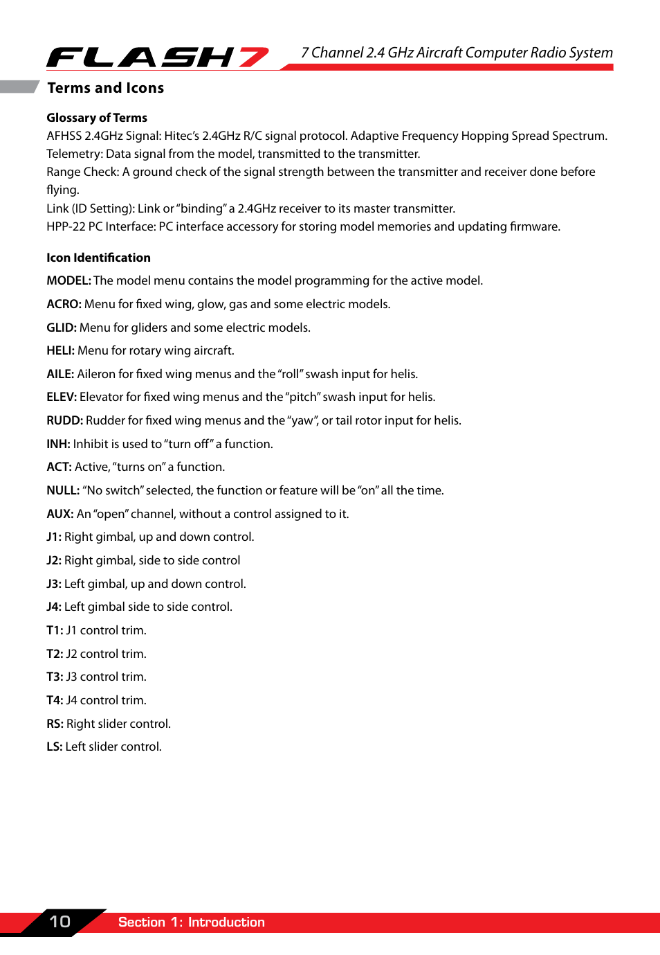 Terms and icons | HITEC Flash 7 User Manual | Page 11 / 102