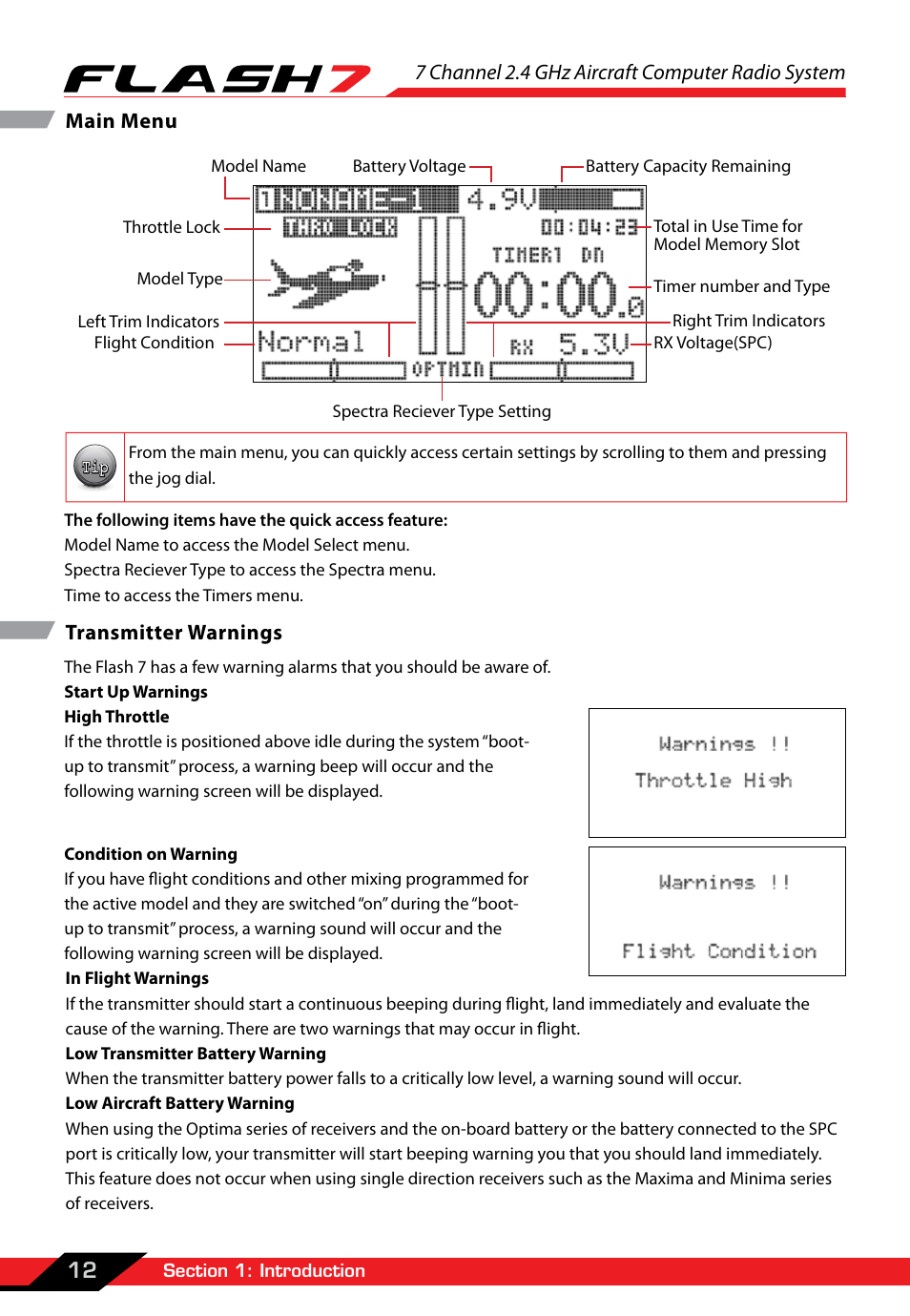 Main menu, Transmitter warnings, Main menu transmitter warnings | 7 channel 2.4 ghz aircraft computer radio system | HITEC Flash 7 User Manual | Page 13 / 102