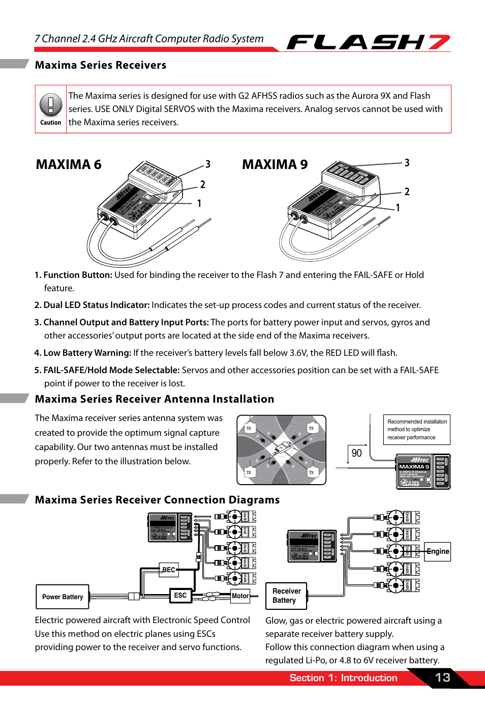 Maxima series receivers, Ma xima, Maxima 6 maxima 9 | 7 channel 2.4 ghz aircraft computer radio system, Maxima series receiver antenna installation, Maxima series receiver connection diagrams | HITEC Flash 7 User Manual | Page 14 / 102
