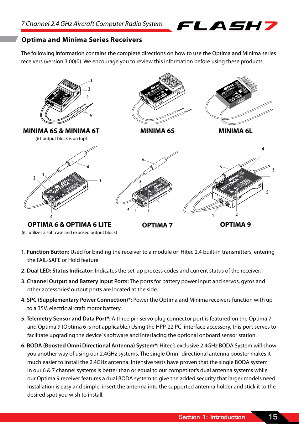 Optima and minima series receivers, Optima and minima receivers, Optim a 7 | Optim a 9 minim a 6e & mini m a 6t, Optim a 6 & opti m a 6 lite, Minim a 6s minim a 6l, 7 channel 2.4 ghz aircraft computer radio system, Minima 6s minima 6l minima 6s & minima 6t, Optima 7 optima 9 optima 6 & optima 6 lite | HITEC Flash 7 User Manual | Page 16 / 102