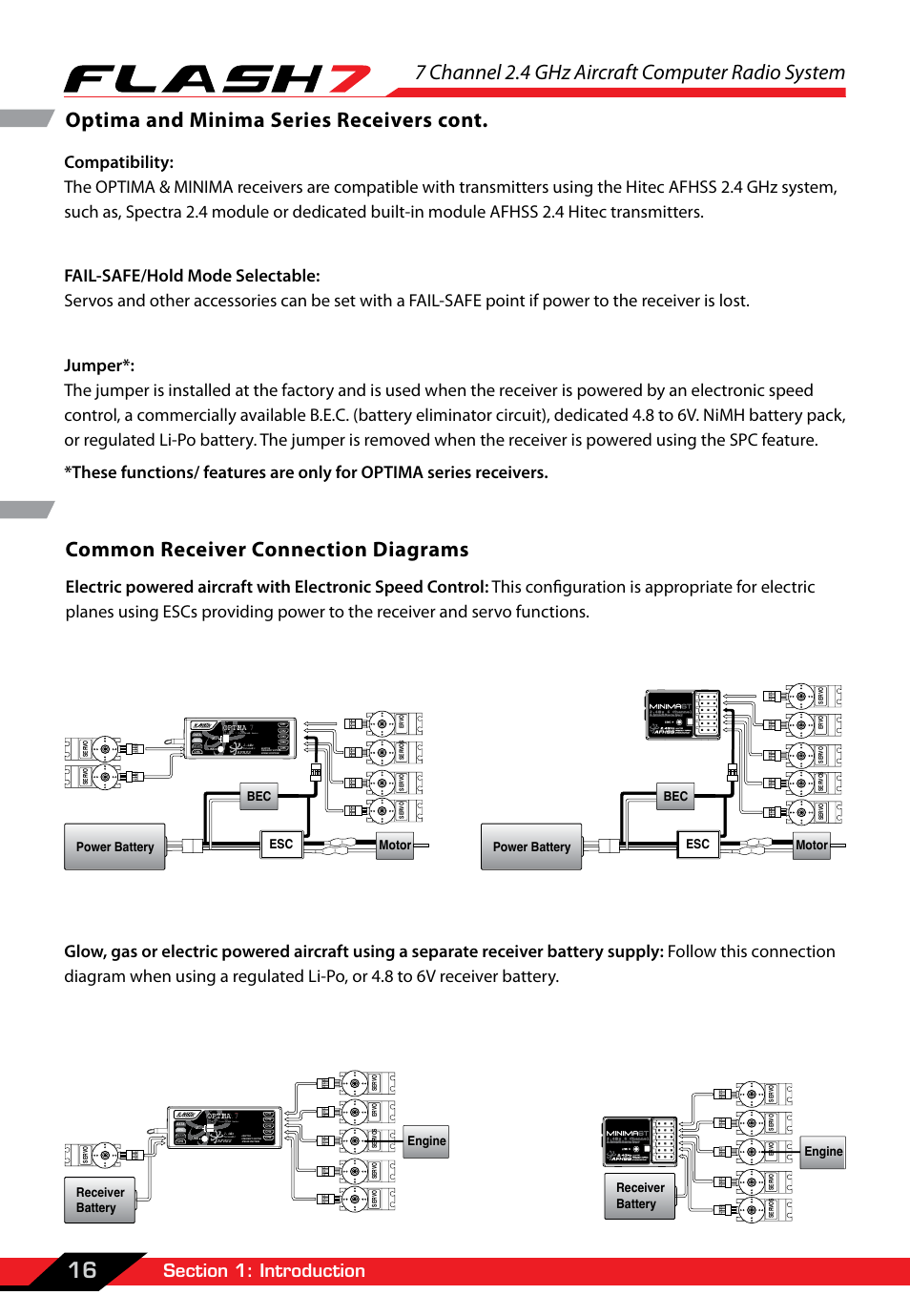 7 channel 2.4 ghz aircraft computer radio system, 16 optima and minima series receivers cont, Common receiver connection diagrams | Power battery motor bec esc, Power battery motor, Bec esc, Receiver battery, Engine | HITEC Flash 7 User Manual | Page 17 / 102