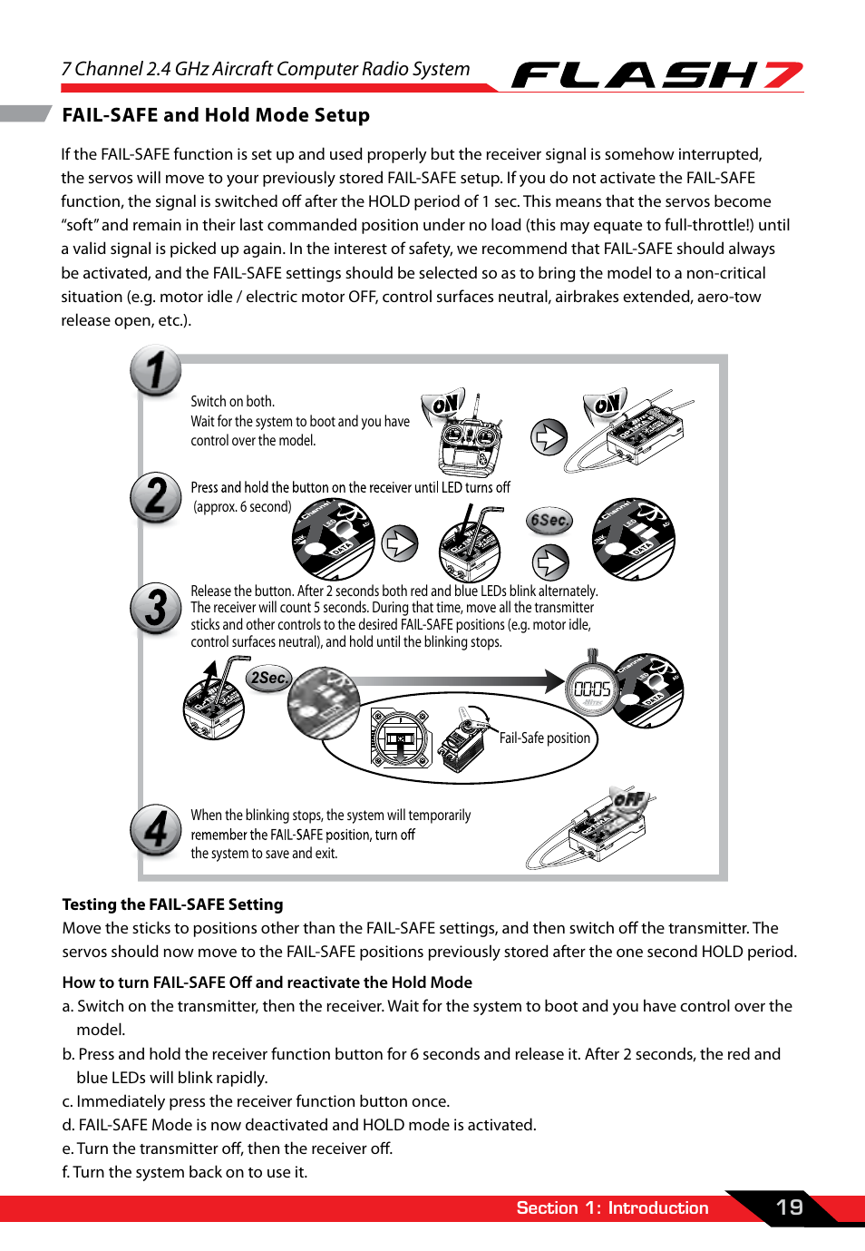 Fail-safe and hold mode setup, Fail safe and hold mode setup, 7 channel 2.4 ghz aircraft computer radio system | 19 fail-safe and hold mode setup | HITEC Flash 7 User Manual | Page 20 / 102