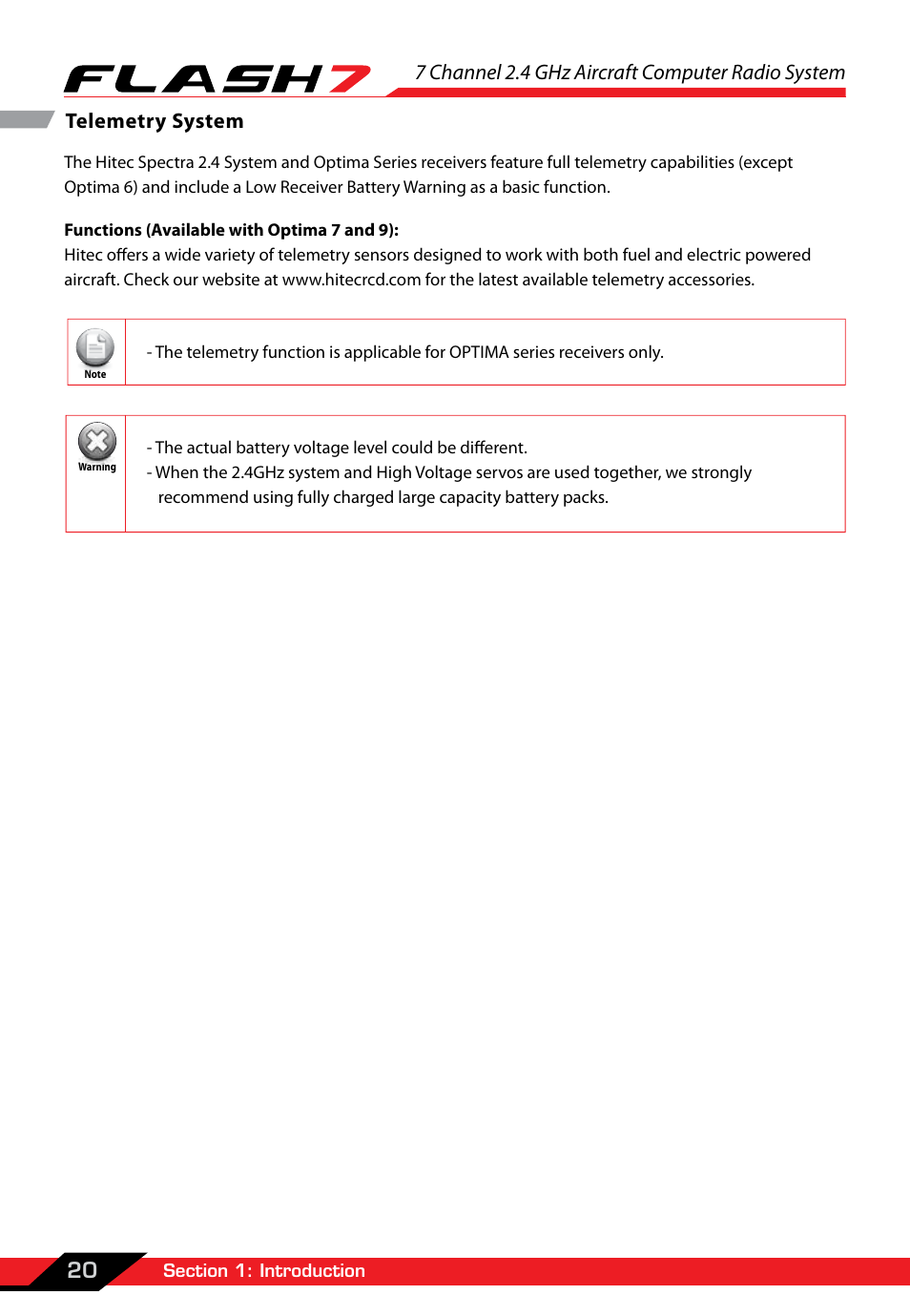 Telemetry system, 7 channel 2.4 ghz aircraft computer radio system, 20 telemetry system | HITEC Flash 7 User Manual | Page 21 / 102