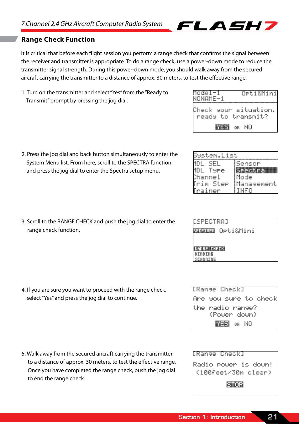 Range check function, 7 channel 2.4 ghz aircraft computer radio system, 21 range check function | HITEC Flash 7 User Manual | Page 22 / 102