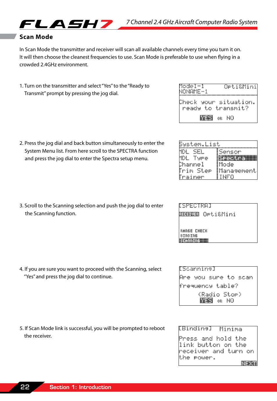 Scan mode function, 7 channel 2.4 ghz aircraft computer radio system, 22 scan mode | HITEC Flash 7 User Manual | Page 23 / 102