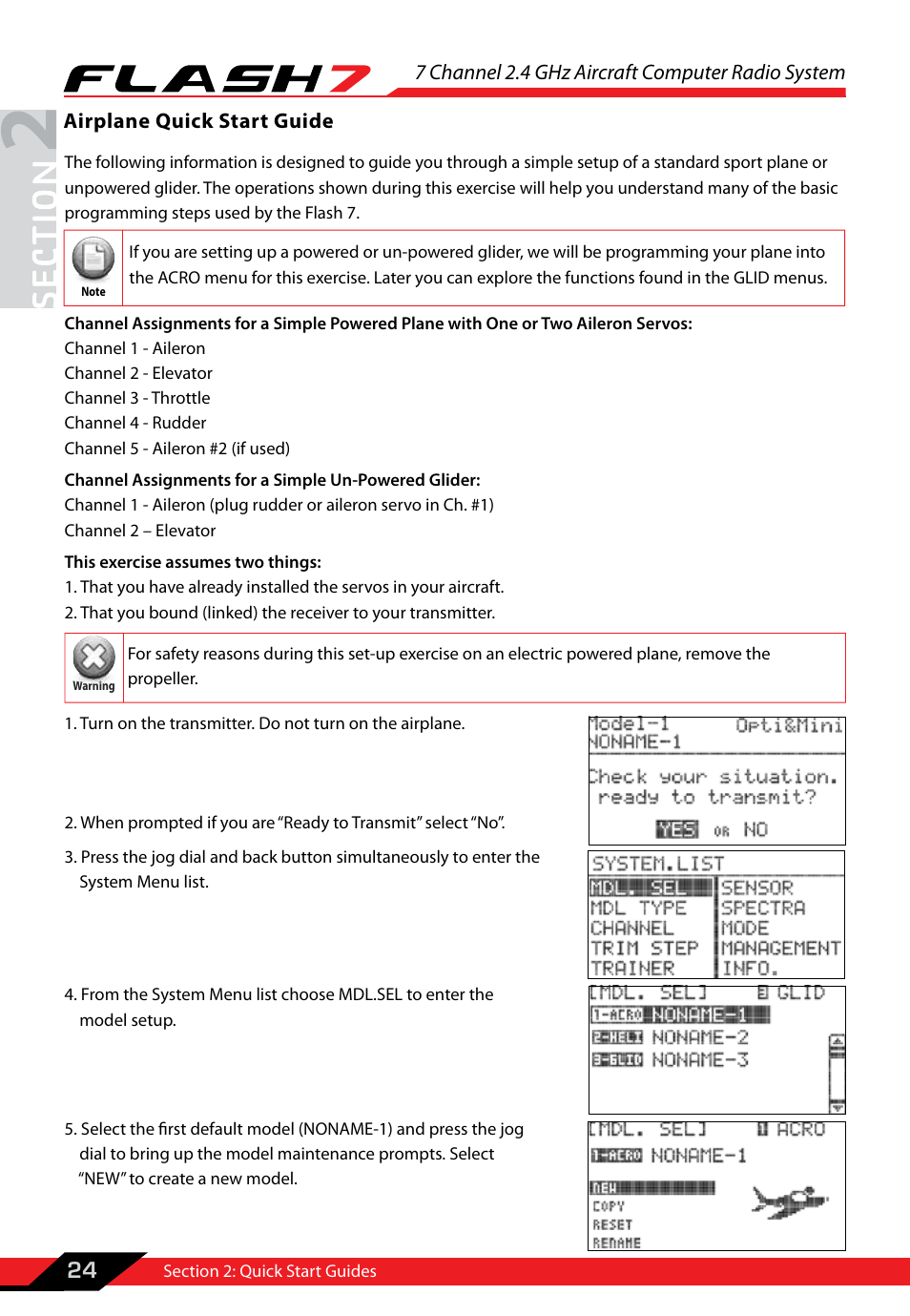 Section 2: quick start guide, Airplane quick start guide, Quick start guides | 7 channel 2.4 ghz aircraft computer radio system | HITEC Flash 7 User Manual | Page 25 / 102