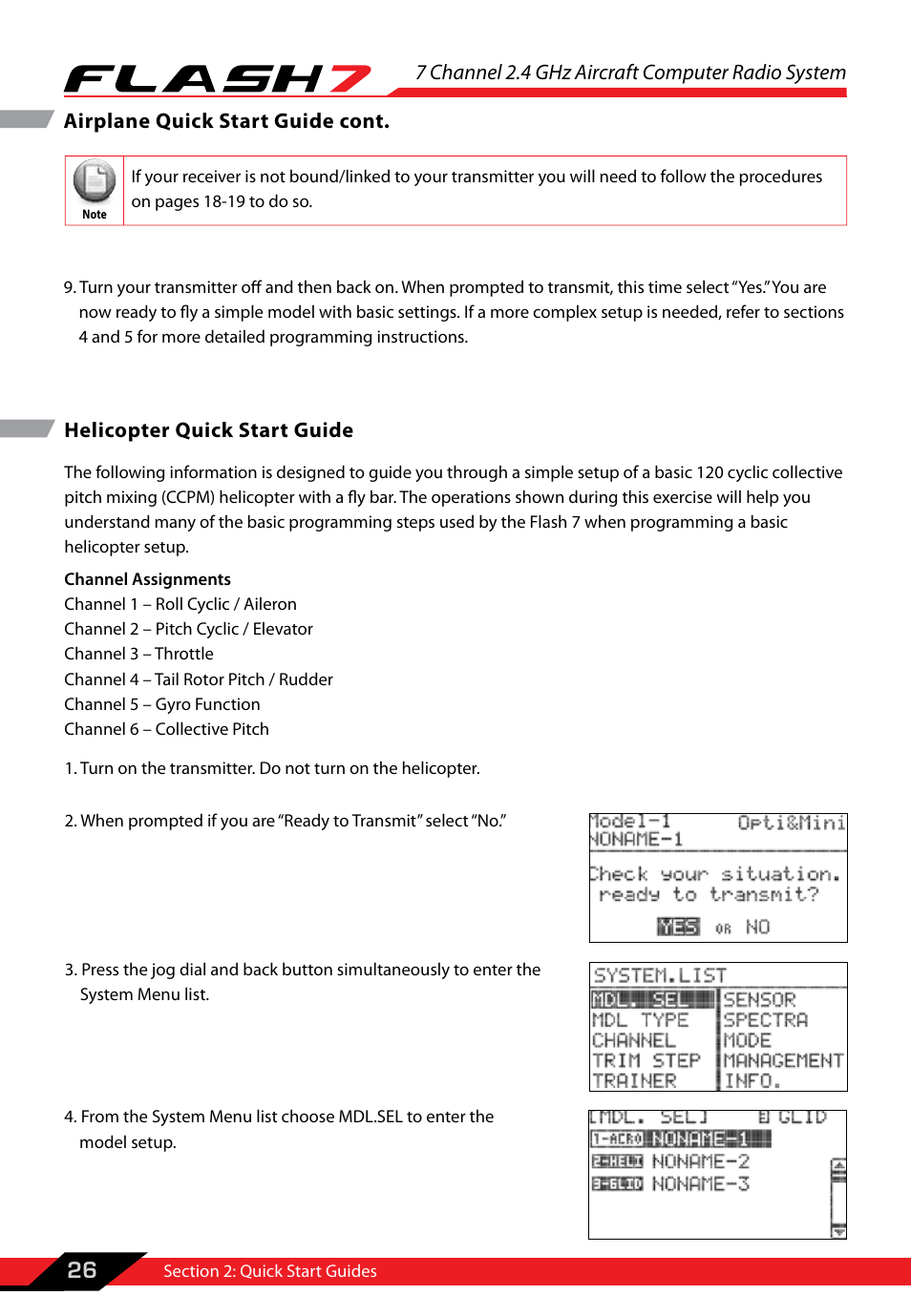 Helicopter quick start guide, 7 channel 2.4 ghz aircraft computer radio system, 26 airplane quick start guide cont | HITEC Flash 7 User Manual | Page 27 / 102