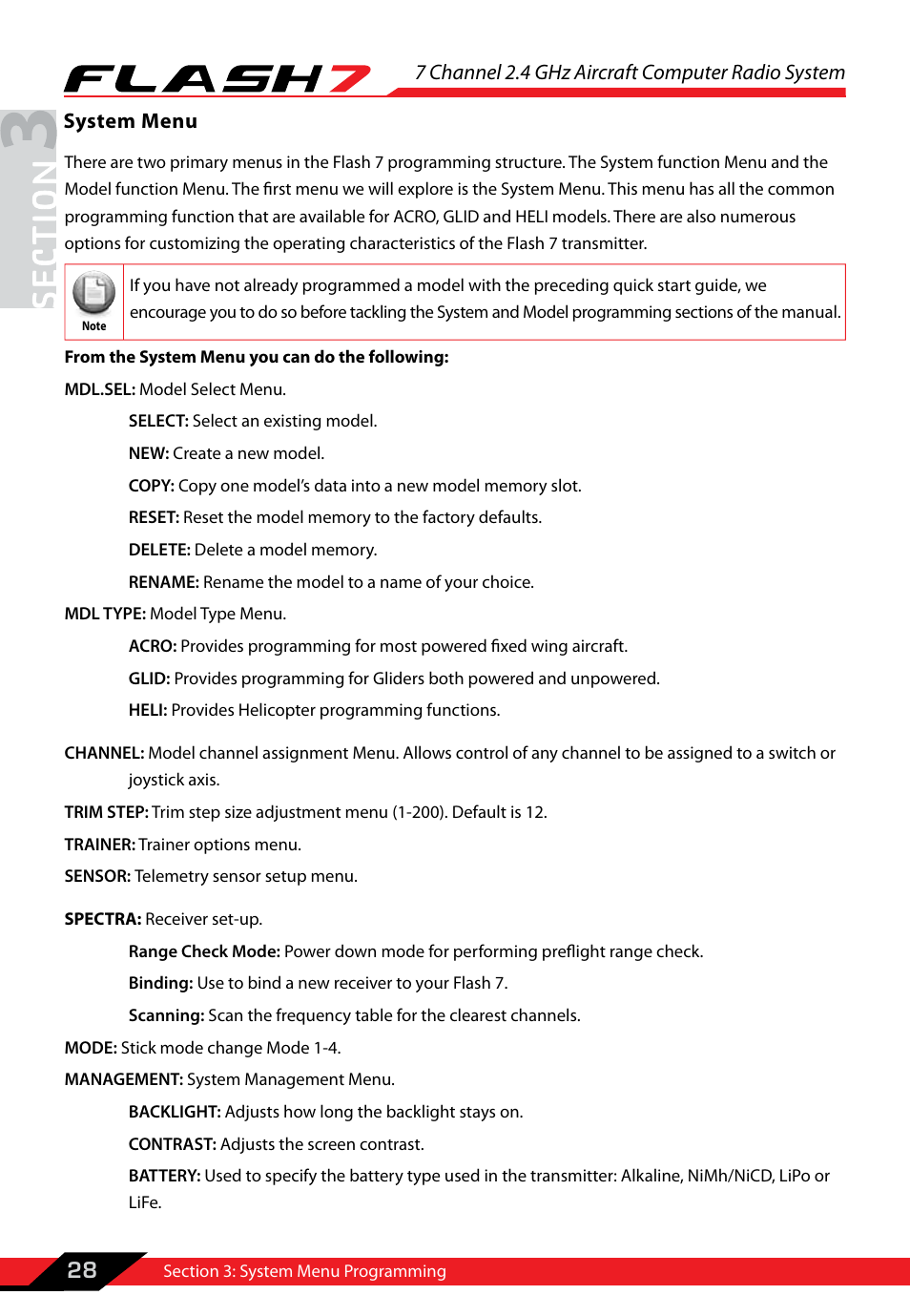 Section 3: system menu, System menu, System menu programming | 7 channel 2.4 ghz aircraft computer radio system, 28 system menu | HITEC Flash 7 User Manual | Page 29 / 102