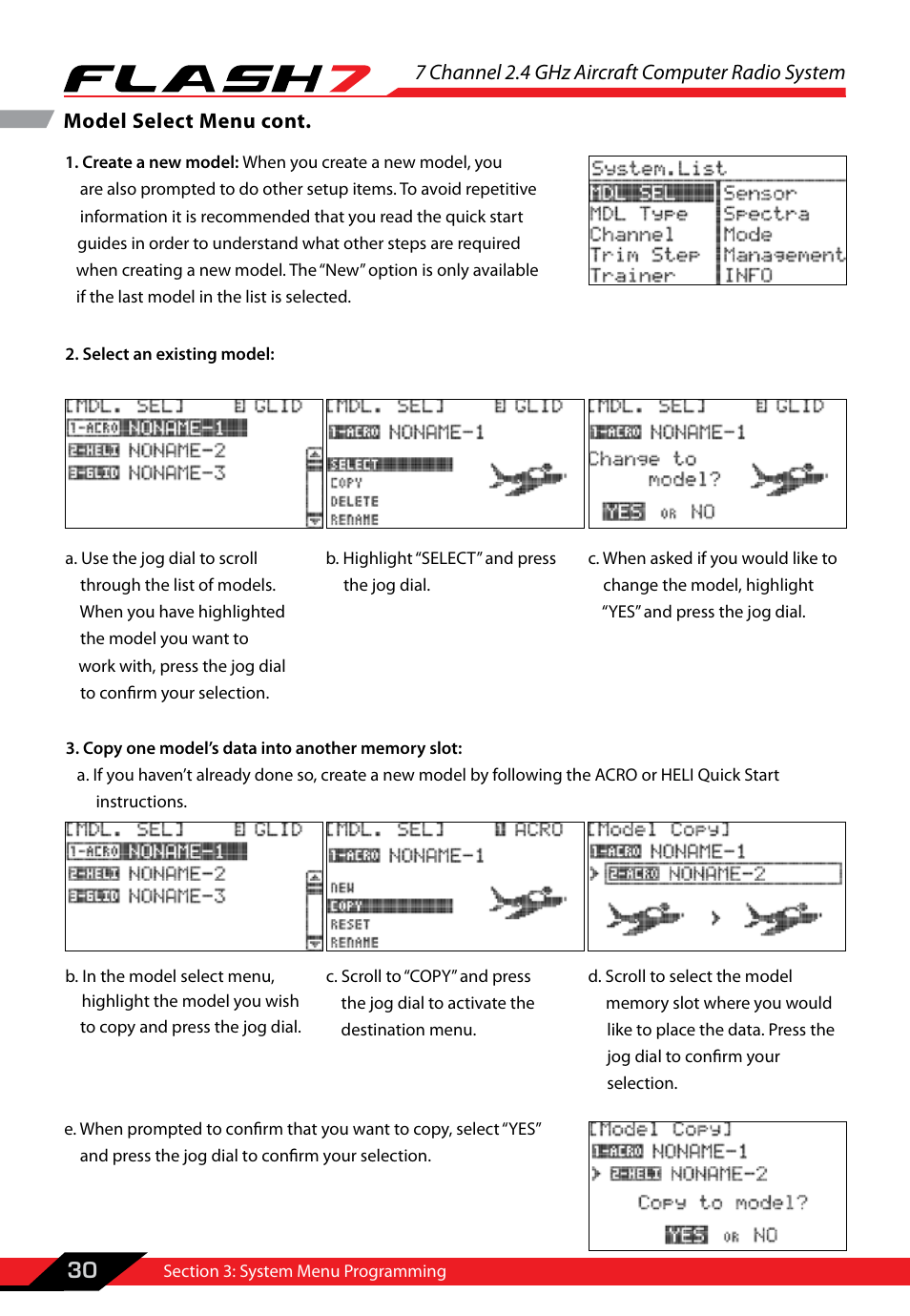 7 channel 2.4 ghz aircraft computer radio system, 30 model select menu cont | HITEC Flash 7 User Manual | Page 31 / 102