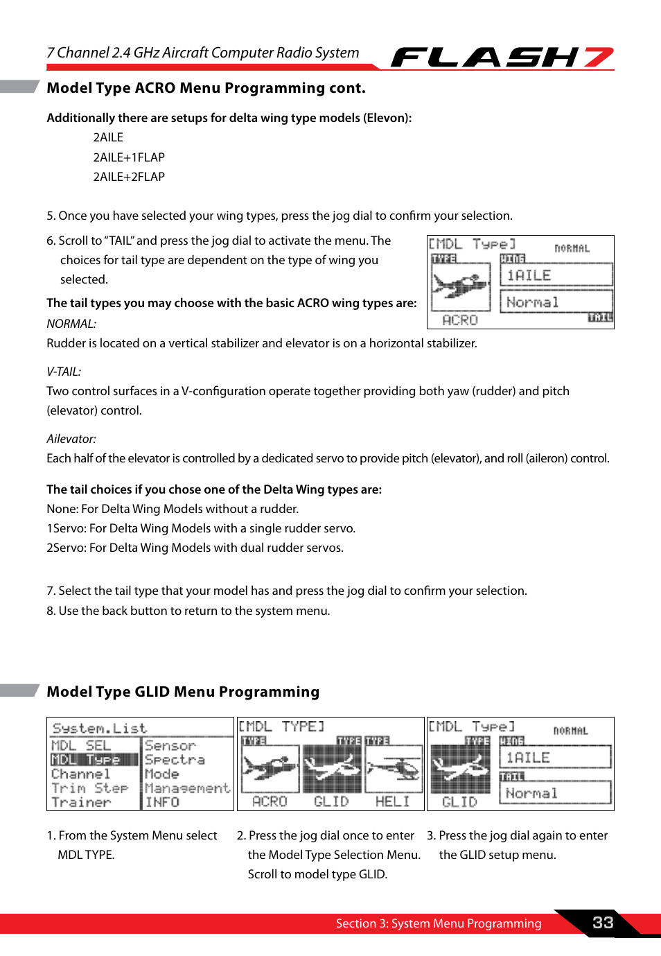 Model type glid menu programming, 7 channel 2.4 ghz aircraft computer radio system, Model type acro menu programming cont | HITEC Flash 7 User Manual | Page 34 / 102