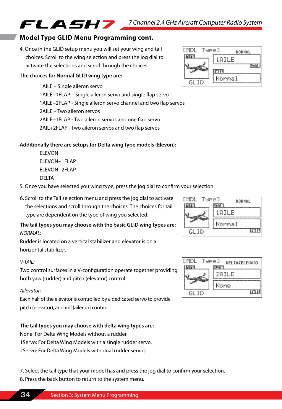 7 channel 2.4 ghz aircraft computer radio system, 34 model type glid menu programming cont | HITEC Flash 7 User Manual | Page 35 / 102