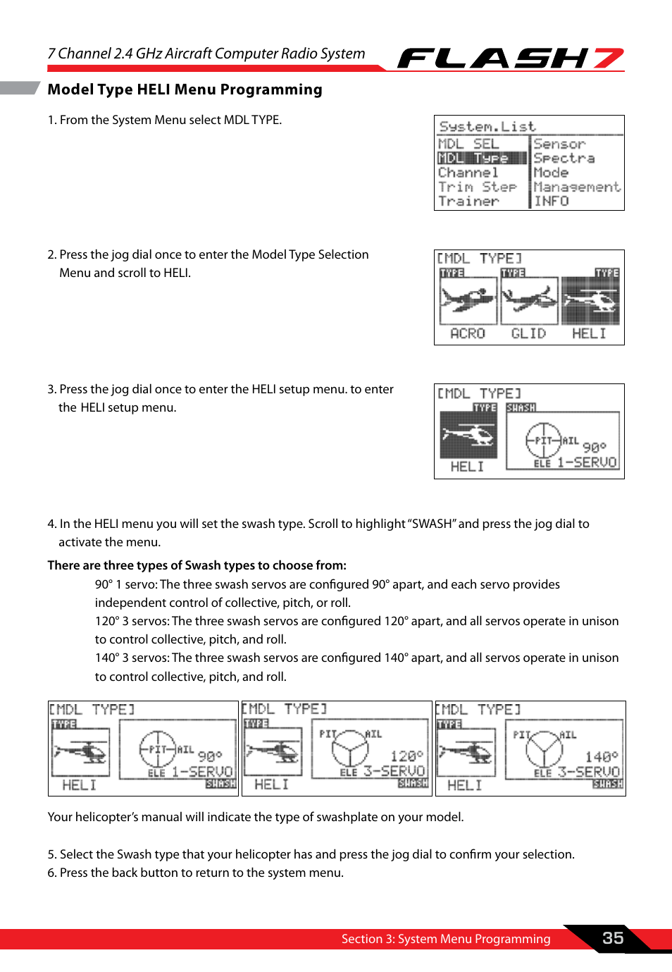 Model type heli menu programming, 7 channel 2.4 ghz aircraft computer radio system, 35 model type heli menu programming | HITEC Flash 7 User Manual | Page 36 / 102