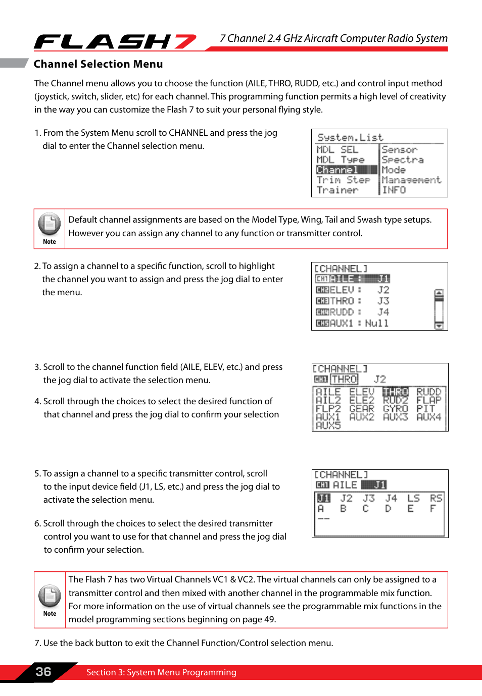 Channel selection menu, 7 channel 2.4 ghz aircraft computer radio system, 36 channel selection menu | HITEC Flash 7 User Manual | Page 37 / 102