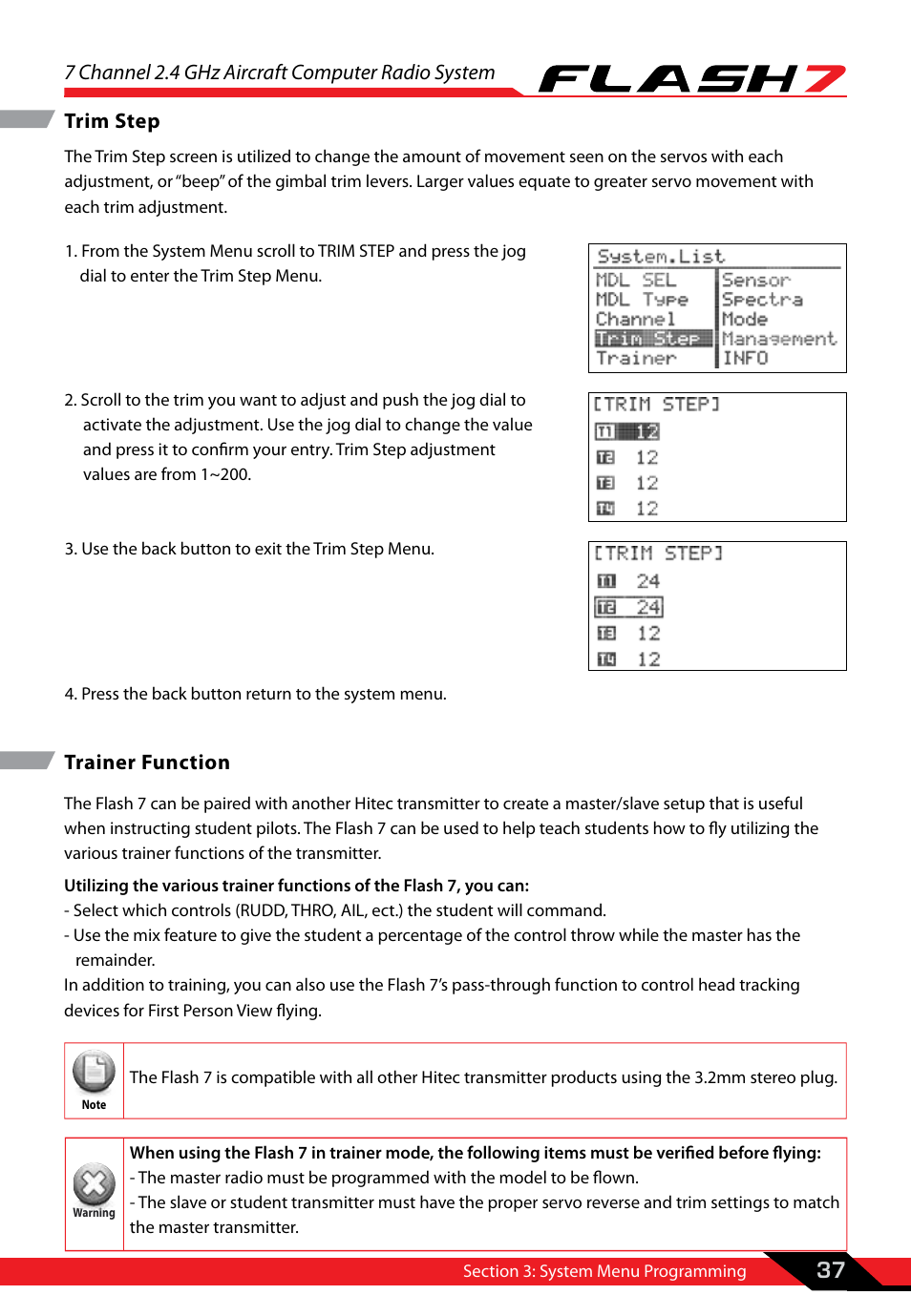 Trim step, Trainer function, Trim step trainer function | 7 channel 2.4 ghz aircraft computer radio system, 37 trim step | HITEC Flash 7 User Manual | Page 38 / 102