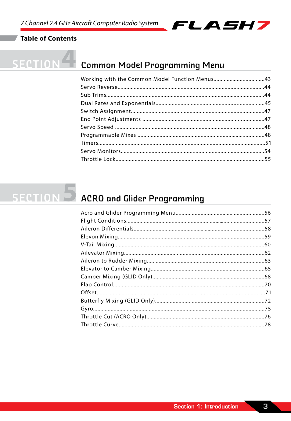 Acro and glider programming, Common model programming menu | HITEC Flash 7 User Manual | Page 4 / 102